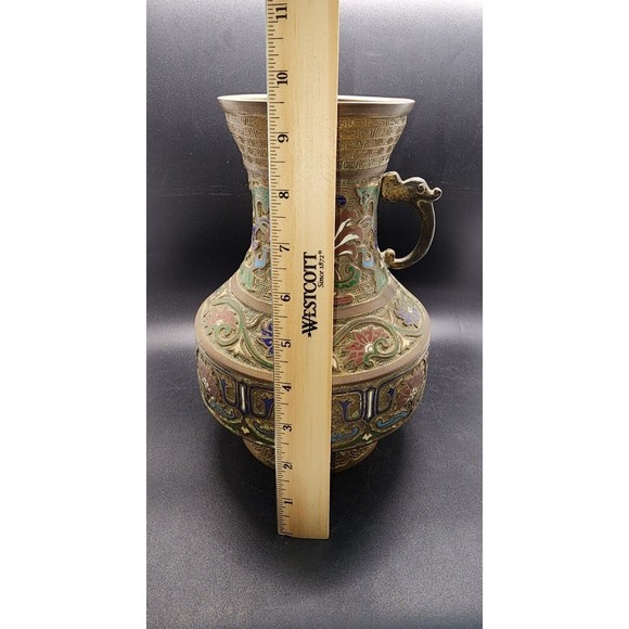 Vintage Heavy Brass Japanese Inlaid Cloisonné Missing 1 Handle Vase Made Japan - Picture 3 of 14